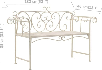 vidaXL Garden Bench Antique White Metal 52 in Width Decorative Inlays