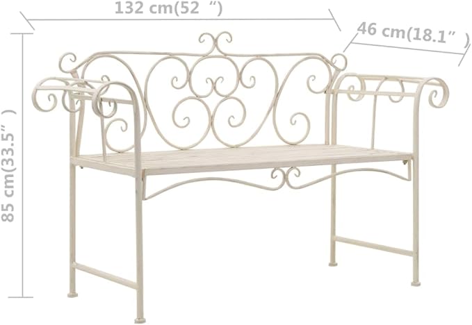 Antique White Metal Garden Bench with Decorative Inlays 52 Inch Width Vintage Scroll Backrest Outdoor Seating for Patio Balcony