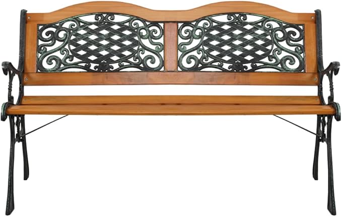 49 inch Outdoor Patio Garden Bench, Metal Park Bench, Cast Iron Bench and Hardwood Weather Resistant Slats Design 30lbs Capacity for Porch, Deck, Patio Seat Bronze Natural Finish