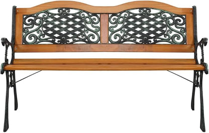 49 inch Outdoor Patio Garden Bench, Metal Park Bench, Cast Iron Bench and Hardwood Weather Resistant Slats Design 30lbs Capacity for Porch, Deck, Patio Seat Bronze Natural Finish