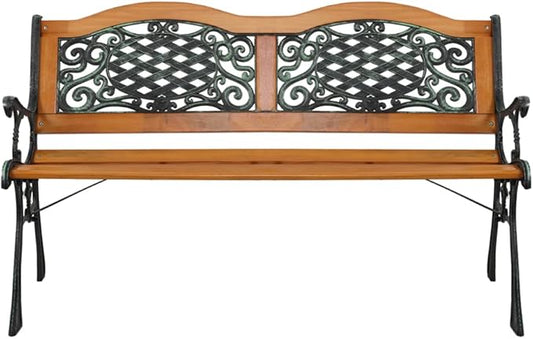 49 inch Outdoor Patio Garden Bench, Metal Park Bench, Cast Iron Bench and Hardwood Weather Resistant Slats Design 30lbs Capacity for Porch, Deck, Patio Seat Bronze Natural Finish