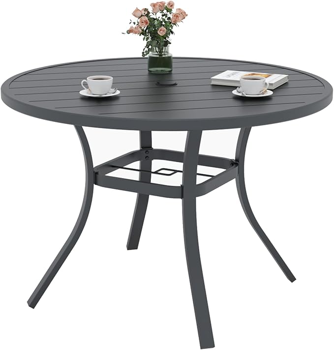 Round Outdoor Dining Table, 41-inch All-Weather Patio Table with Adjustable Umbrella Hole for Deck Lawn Garden Backyard Balcony Deck, Black Metal Frame Slatted Tabletop
