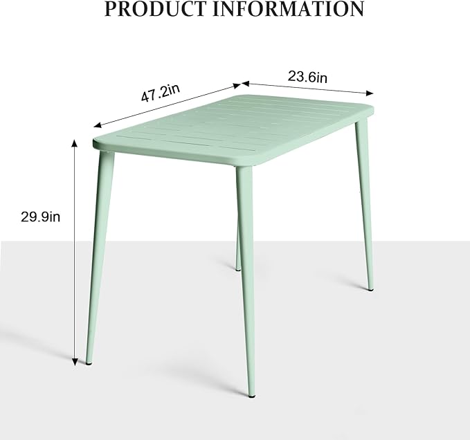 Modern Patio Table for 4-6 People Metal Dining Table for Outdoor&Indoor Office Computer Meeting Desk Home Cafe Table Lawn Backyard Balcony Kitchen Office 47.2" Lx23.6 Wx30 H(Green)