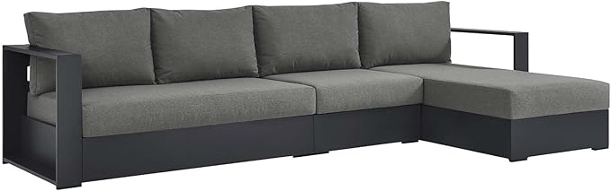 Modway Tahoe Modular Aluminum 3-Piece Outdoor Patio Furniture Gray Charcoal, Right-Facing Sectional Sofa Set with Weather-Resistant Cushions, Ideal for Deck, Backyard, Poolside