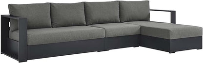 Modway Tahoe Modular Aluminum 3-Piece Outdoor Patio Furniture Gray Charcoal, Right-Facing Sectional Sofa Set with Weather-Resistant Cushions, Ideal for Deck, Backyard, Poolside
