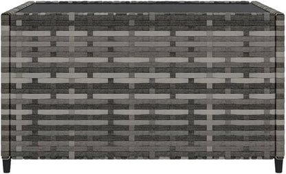 Small Square Garden Coffee Table, Weather-Resistant Poly Rattan Patio Side Table with Tempered Glass Top and Adjustable Feet for Balcony, Grey