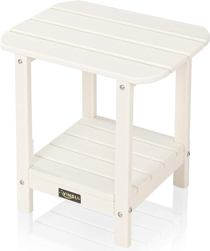 VINGLI HDPE Outdoor Side Table, Waterproof 2-Tier Patio Side Table End Tables for Patio Deck Porch Backyard Pool (White)