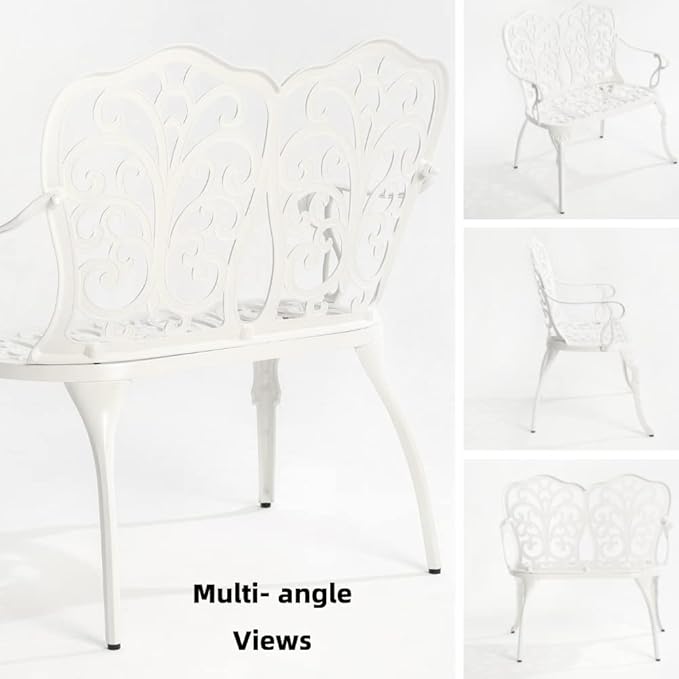 Patio Aluminum Outdoor Bench, Garden Metal Loveseat Furniture, Vintage Carving Antique White Front Porch Chair Seat