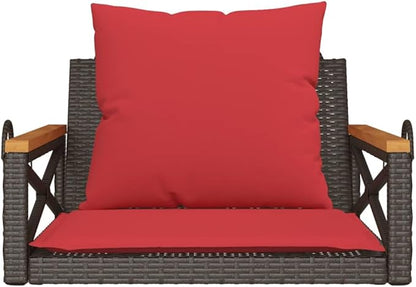 Brown Poly Rattan Patio Swing Bench with Red Cushions, Modern Outdoor Furniture for Garden Balcony Relaxation, Weather-Resistant Comfortable Seating with Sturdy Metal Frame