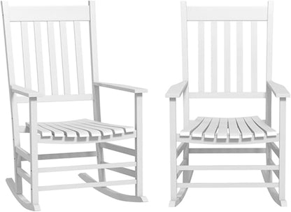 2Pcs Wooden Rocking Chairs, Wood Classic Slatted Patio Porch Rockers for Porches, Backyards, Poolside Balconies, Decks(White)