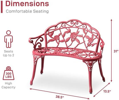 Outdoor Cast Aluminum Garden Bench for Patio or Porch, Red Antique Vintage Rose Design Seat with Iron Legs, Weatherproof Outdoor Furniture