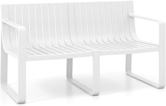 Tangkula Patio Loveseat, Weather-Resistant Plastic 2-Person Bench with Curved Backrest, Outdoor Conversation Furniture with Slatted Design for Patio, Poolside, Backyard, Garden, Deck, Lawn (White)
