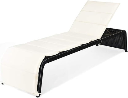 Tangkula Outdoor Chaise Lounge Chair, 5-Position Adjustable Rattan Recliner Chair w/Cushioned Seating and Adjustable Feet, Multifunctional Couch Furniture for Garden, Patio, Poolside (1, Off-White)