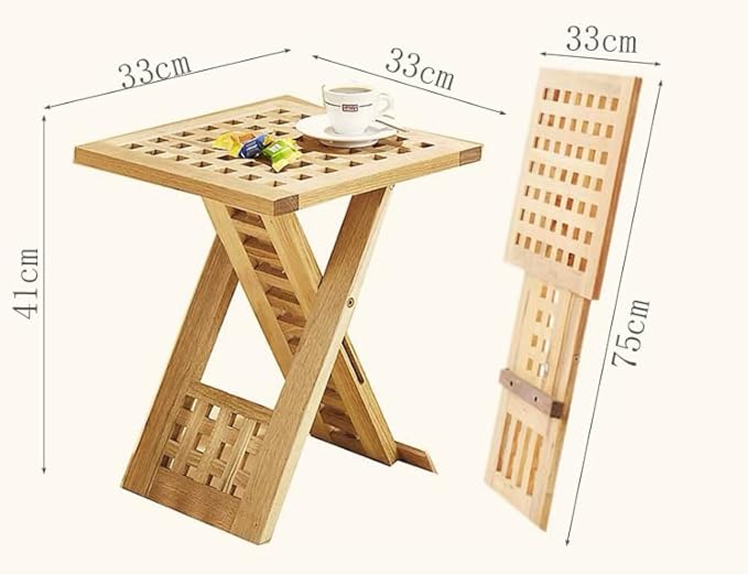 Foldable Wooden Side Table with Lattice Design – Compact Square Accent Table for Indoors & Outdoors – Solid Elm Wood Folding Table for Patio, Balcony, Bedroom, Living Room, or Garden Use