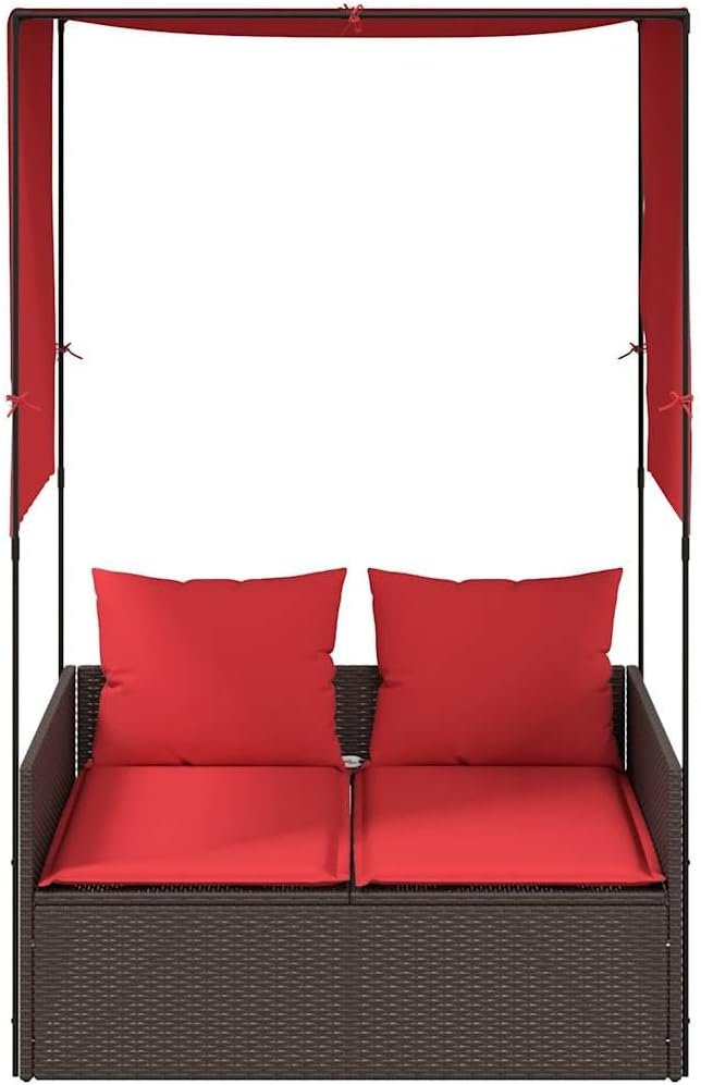Patio Double Sun Lounger with Roof & Curtains 44.5 lbs Brown Red Synthetic Rattan 2 Person Outdoor Chaise Lounge 17 x 18.3 x 29 in for Garden Poolside Balcony