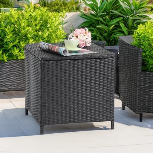 Verano Garden Outdoor Wicker Side Table, Small Storage Rattan Wicker End Table, Square Resin Coffee Table for Garden Porch Deck Living Room Backyard (Black)
