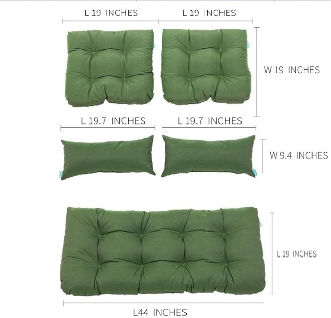 QILLOWAY Outdoor Patio Wicker Seat Cushions Group Loveseat/Two U-Shape/Two Lumbar Pillows for Patio Furniture,Wicker Loveseat,Bench,Porch,Settee of 5 (Dark Green)