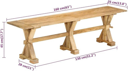 Solid Mango Wood Outdoor Bench, Large Durable Natural Wood Garden Bench for Patio, 63 Inch Long Weather-Resistant Hardwood Seating for Three People, Easy Maintenance Modern