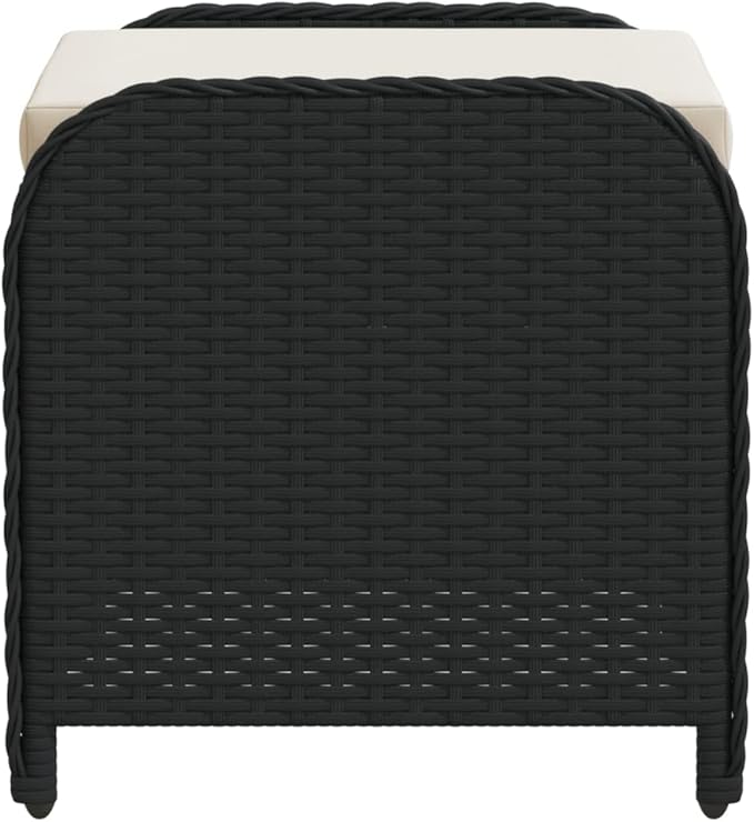 vidaXL Patio Stool - Black Poly Rattan Ottoman with Cream White Cushion - Outdoor Garden Deck Furniture