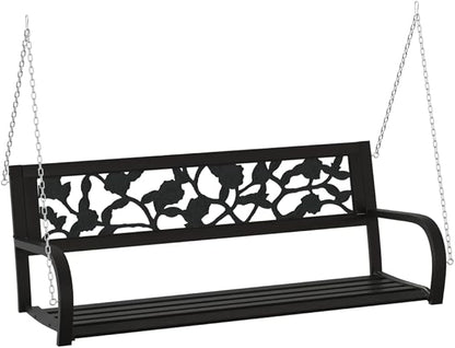 Patio Swing Bench, Chain Suspension Seat, Outdoor Garden Bench with Arms and Back for Patio, Backyard, Garden, Poolside and Living Room,49.2" Steel and Plastic Black