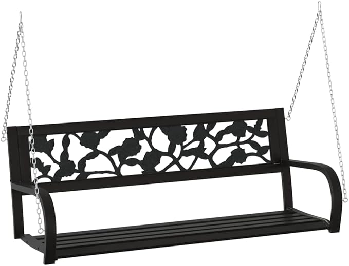 Garden Swing Bench Black Steel and Plastic Medium with Rose Pattern Backrest for Two Adults, Outdoor Seating for Patio Balcony, Durable Construction Easy Assembly