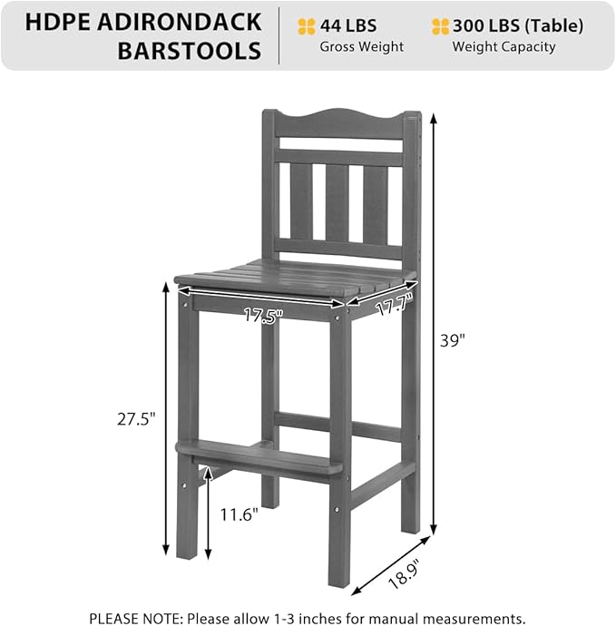Sundale Outdoor Tall Adirondack Bar Chair Set of 2, HDPE Patio Stools with Backrest, 27.5 Inch Seat Height Tall Bistro Dining Counter Stool, All-Weather Pub Height Chair (Gray, 4 Bar Stools)