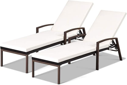 COSTWAY 2PCS Rattan Lounge Chair Outdoor, Patio Wicker Chaise Lounge with 5-Position Adjustable Backrest, Soft Cushion & Arm Rest, Pool Recliner Set of 2 for Poolside, Deck, Backyard (White)