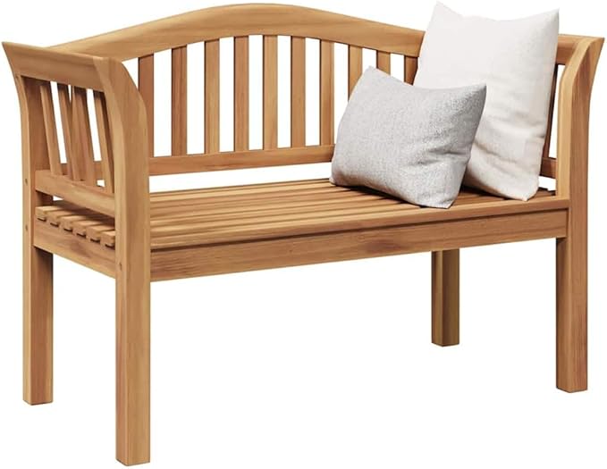 Solid Teak Wood Garden Bench 47.24 x 21.06 x 33.46 Inches, Brown Outdoor Bench with Carved Armrests and Robust Square Legs, Durable Rectangular Patio Seating for Family
