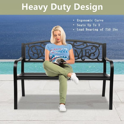 Patio Outdoor Park Loveseat Bench for Garden Porch Deck Made Cast Iron Anti-Rust Aluminum Metal, 2-3 Seater (50" Inch Welcome Cast IIron Bench)