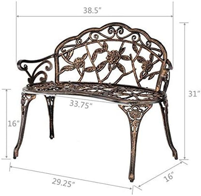 38.5" Accented Lawn Front Porch Path Chair, Outdoor Garden Bench, Cast Aluminum Loveseat Bench Chair with Rose Carving for Patio Park Path 38.5" L x 16" W x 31" H