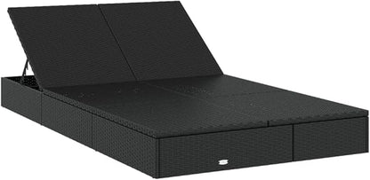 Double Black PE Rattan Sunbed 79x43in Outdoor Chaise Lounge with Adjustable Backrest for Patio Poolside Garden Camping