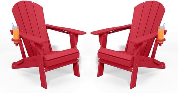 Folding Adirondack Chair with Cup Holders Set of 2, HDPE Plastic Outdoor Chairs, Weather Resistant - Photo 1