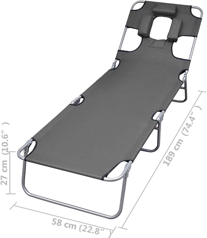 Folding Grey Outdoor Lounge Chair 74.4" 600D Oxford Chaise Adjustable Backrest Steel Frame 265 lb Portable for Garden - Photo 2