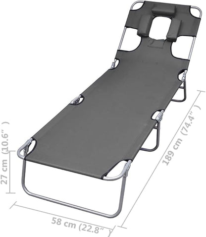 Folding Grey Outdoor Lounge Chair 74.4" 600D Oxford Chaise Adjustable Backrest Steel Frame 265 lb Portable for Garden Patio Pool