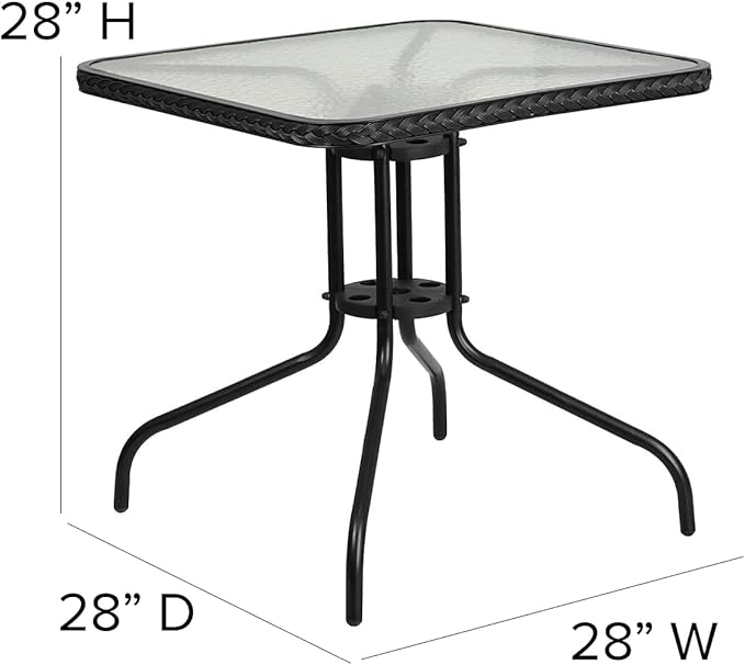 Flash Furniture Barker 28'' Square Tempered Glass Metal Table with Black Rattan Edging