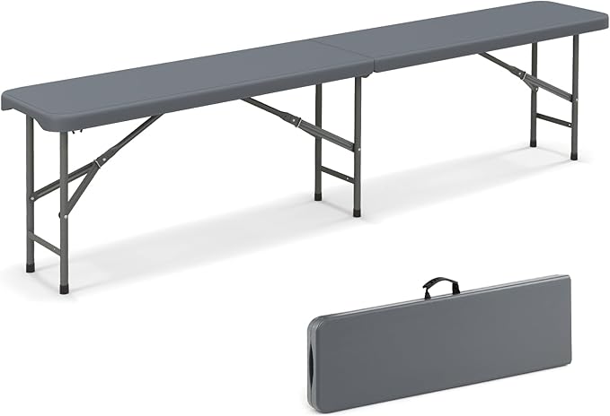Giantex 6 FT Plastic Folding Bench, HDPE Portable Seat w/Metal Legs, Fold-in-Half Outdoor Bench for Picnic, Garden, Camping, Party Sport Events, 1320 lbs Capacity, No Assembly (1, Gray)