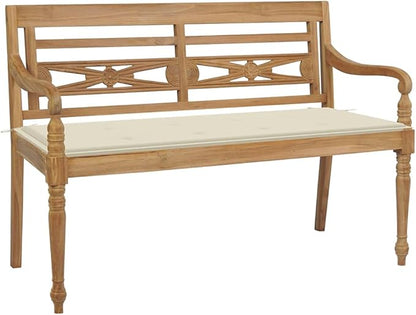 Batavia Bench with Cream Cushion, Outdoor Bench, Wooden Bench with Backrest, Vintage Garden Wooden Bench for Patio, Garden, Yard, Lawn,Easy to Clean, 47.2" Solid Teak Wood