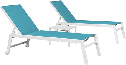 PURPLE LEAF Oversize Chaise Lounge Chair Outdoor 2 Pieces White Aluminum Lounge Chair with Wheels and Table for Pool Deck Patio, Turquoise