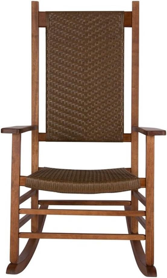 Pemberly Row Traditional Hardwood Outdoor Rocking Chair, Brown Finish, 45.25"H x 27"W x 34"D, Durable Kiln-Dried Wood, Weather-Resistant Porch Rocker, Ergonomic Design for Patio, Garden, or Deck Use