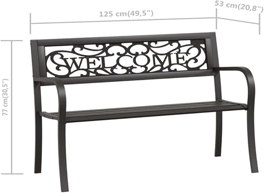 Outdoor Garden Bench, 49 Inch Metal Patio Bench for 2 People, Powder-Coated Steel and Durable Plastic Bench for Backyard, Porch, Balcony and Park Seating, Black