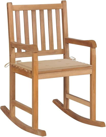 Modern Teak Rocking Chair 36.4x22.8x41.7 in Beige Cushion Outdoor Patio Lounge Rocker Solid Matte Wood Frame for Garden Balcony Porch Deck