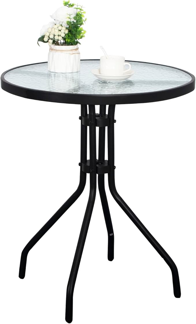 DIMAR GARDEN 24" Outdoor Side Table Patio Metal Round Bistro Coffee Table with Glass Top,Black
