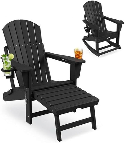 GAOMON 4-in-1 Folding HDPE Adirondack Chair with Retractable Ottoman & Removable Rocking Base, All-Weather Outdoor Patio Chair with Large Cup Holder, 400lbs Capacity, for Garden Lawn, Black