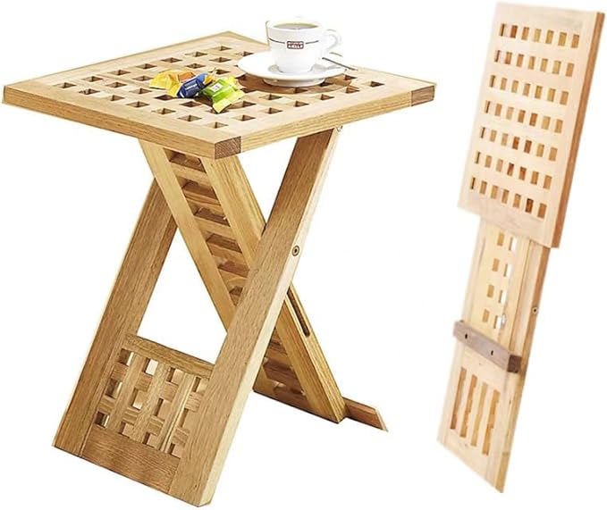 Foldable Wooden Side Table with Lattice Design – Compact Square Accent Table for Indoors & Outdoors – Solid Elm Wood - Photo 1