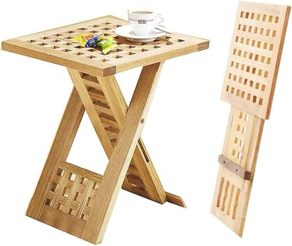 Foldable Wooden Side Table with Lattice Design – Compact Square Accent Table for Indoors & Outdoors – Solid Elm Wood Folding Table for Patio, Balcony, Bedroom, Living Room, or Garden Use