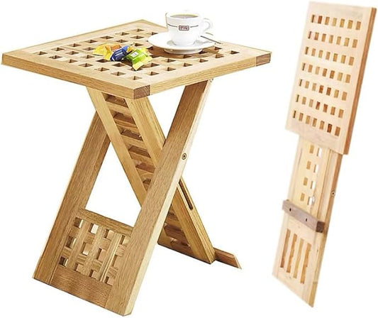 Foldable Wooden Side Table with Lattice Design – Compact Square Accent Table for Indoors & Outdoors – Solid Elm Wood Folding Table for Patio, Balcony, Bedroom, Living Room, or Garden Use