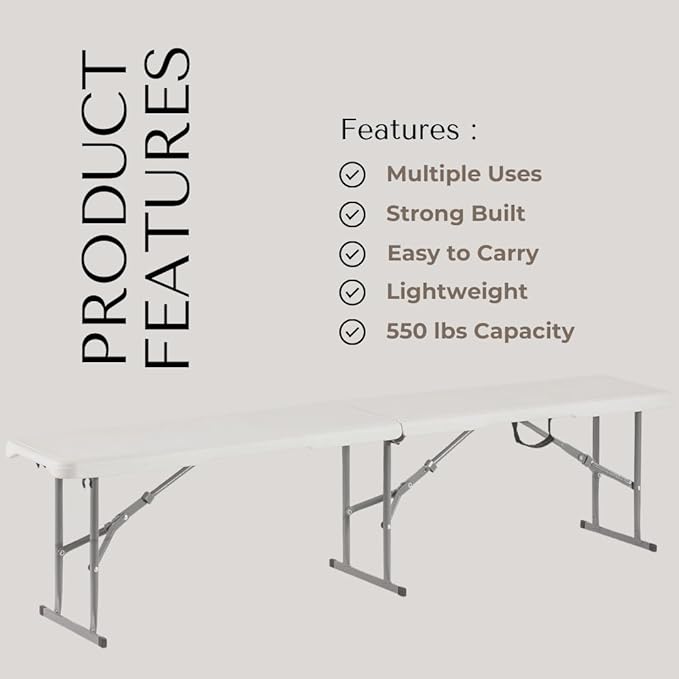 Plastic Folding Bench - Portable Bench Used for Indoor, Outdoor, Picnic, Party, Camping, Dining Seat, Garden Soccer Multipurpose Entertaining Activities, White (1, White, 6 Feet)