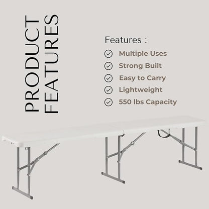 Plastic Folding Bench - Portable Bench Used for Indoor, Outdoor, Picnic, Party, Camping, Dining Seat, Garden Soccer Multipurpose Entertaining Activities, White (1, White, 6 Feet)
