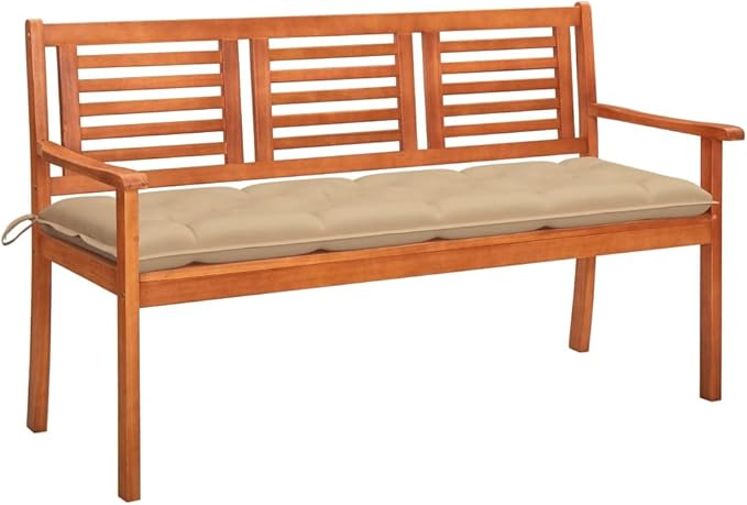 Garden Bench Deck Bench 3-Seater Patio Bench with Cushion 59.1" Solid Eucalyptus Wood