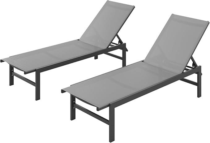 Outdoor Lounge Chairs Set of 2, Aluminum Patio Chaise Lounge Chairs with 5-Position Recliner - Photo 1